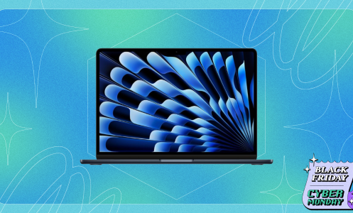 an m3 apple macbook air against a blue and green gradient background. there's a black friday/cyber monday logo in the lower right corner