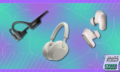 Various headphones in front of a purple and blue background