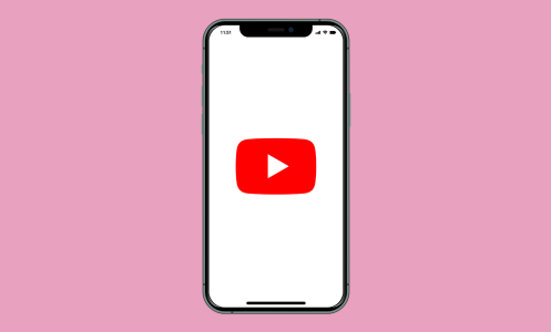 A phone screen with a YouTube logo on a pink background. 