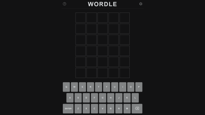 A screenshot of an empty Wordle puzzle with the dark theme active. The title "WORDLE" is at the top of the page, situated between a question mark/help icon on the left and a gear/settings icon on the right. A 5x6 grid of empty boxes is situated below the title, and a virtual English-language keyboard appears just below that.