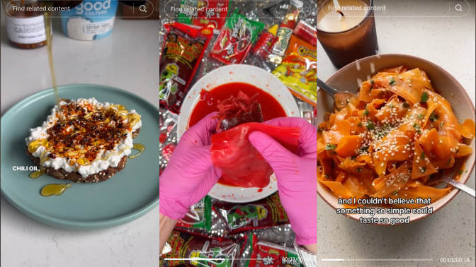 screenshots of tiktok foods, cottage cheese toast, chamoy pickle, and carrot salad