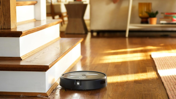 A robot vacuum on a living room