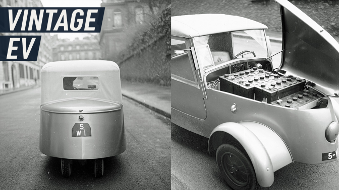 A split screen in B&W shows Peugeot's retro VLV from the back (left) and its front opened to show the E batteries' storage (right); caption reads: "Vintage EV"