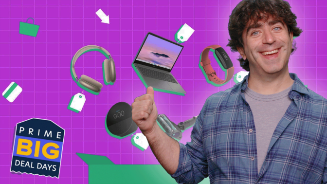 a man smiling and giving a thumbs up in front of a collage of tech products against a pink background