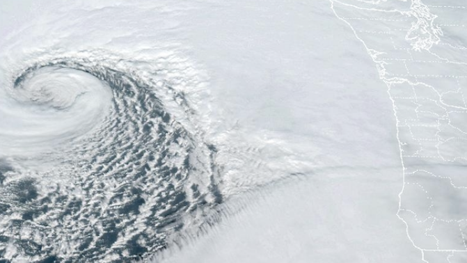 The powerful mid-latitude cyclone spinning off the West Coast of the U.S. on Nov. 19, 2024.