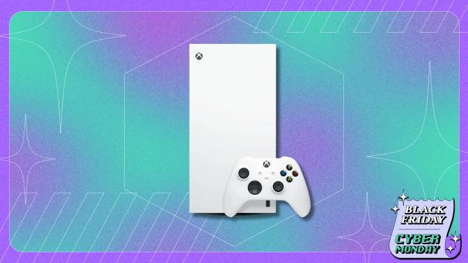 Xbox Series S console and controller on a holographic background.