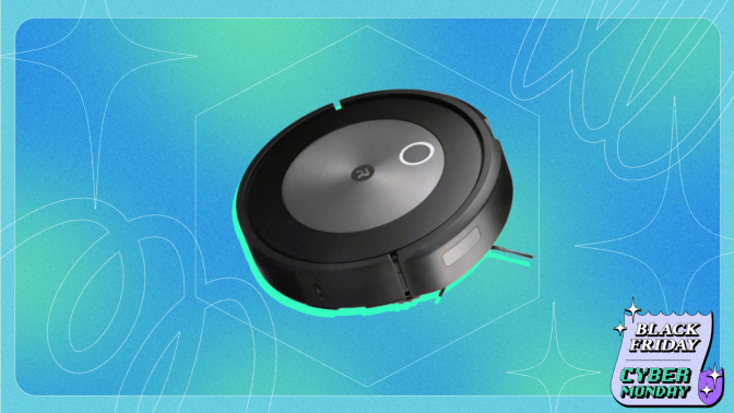 Roomba j7 robot vacuum positioned on blue and green backdrop