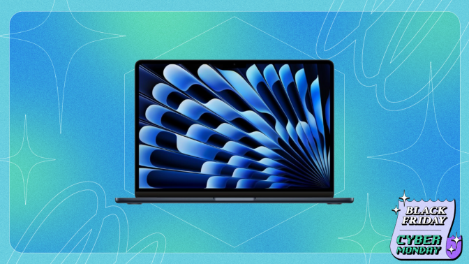 an m3 apple macbook air against a blue and green gradient background. there's a black friday/cyber monday logo in the lower right corner