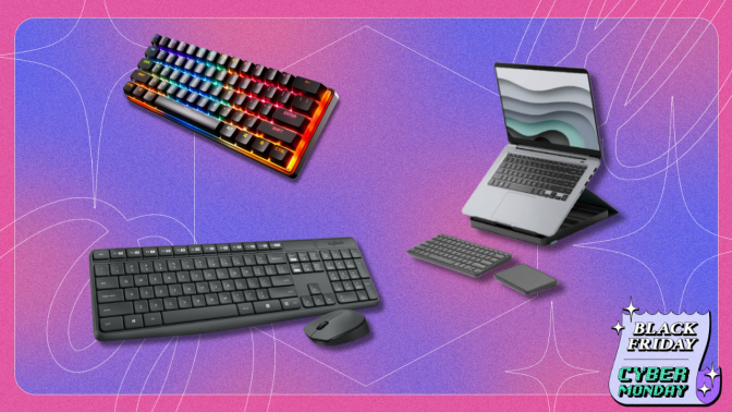 Various keyboards in front of a purple background