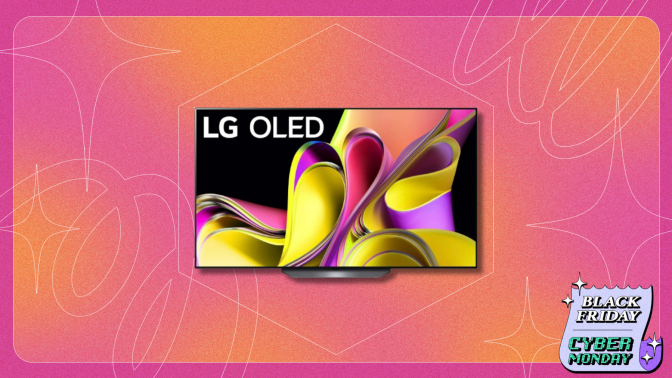 LG TV with ribbons screensaver on pink and orange backdrop