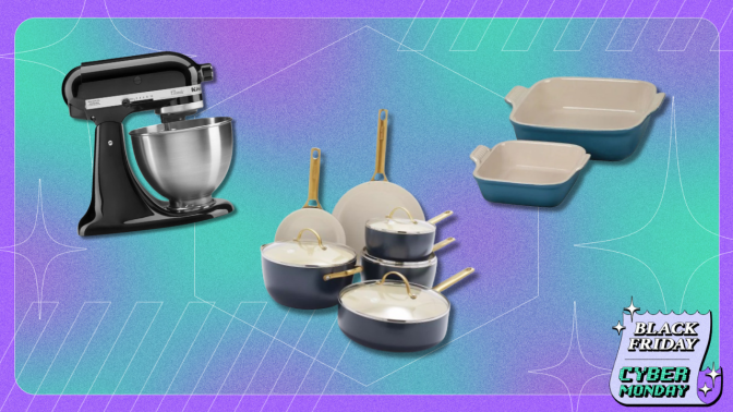 kitchen appliances in front of a blue background