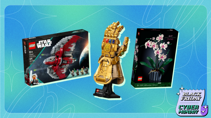 A Star Wars Lego box, Marvel Infinity Gauntlet Lego, and Lego Orchid box arranged on blue and green backdrop