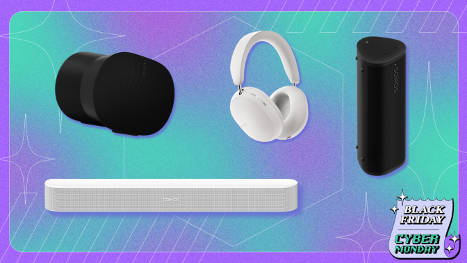 Sonos speakers, soundbar, and headphones with purple and teal background and black friday banner in lower right corner