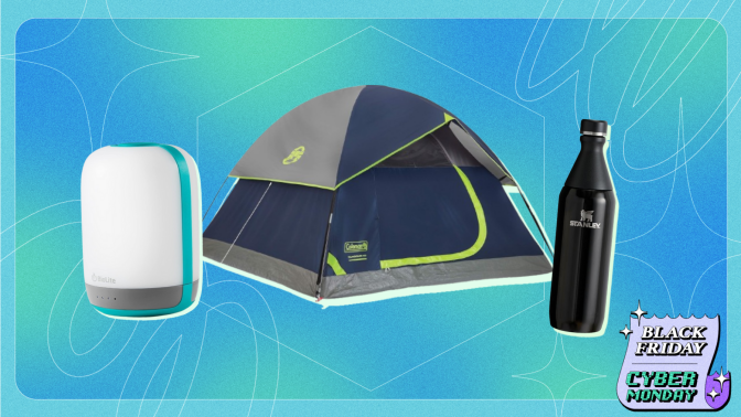 collage of camping products on patterned background with badge that reads 'cyber monday black friday'