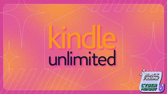 Kindle Unlimited logo on pink and orange background