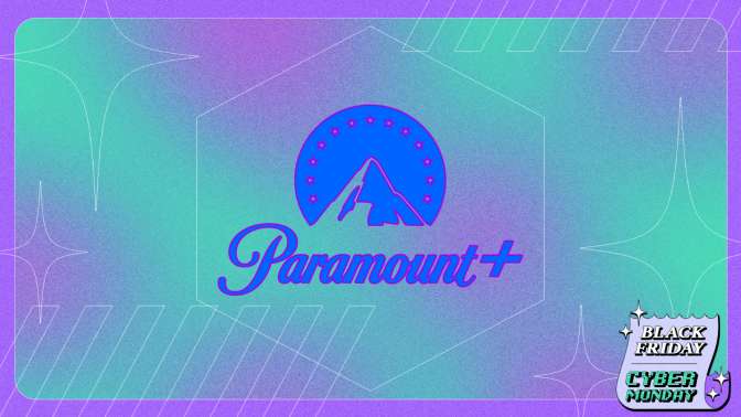 Paramount+ logo in blue with teal and purple background