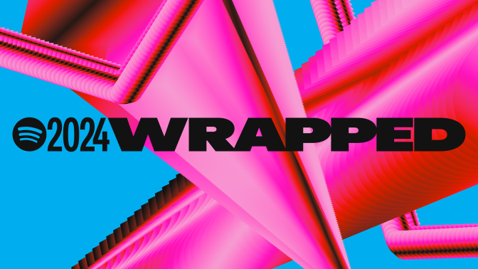 Spotify wrapped logo over pink and blue shapes