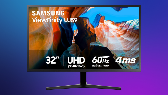 Samsung UJ59 4K on a purple gradient background