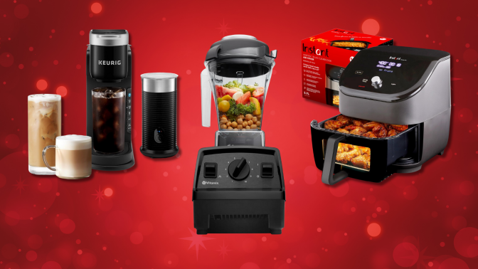 A collage of four popular kitchen appliances on a festive red background with sparkling lights. The appliances featured are a Keurig coffee maker, a Vitamix blender, an Instant Pot air fryer.