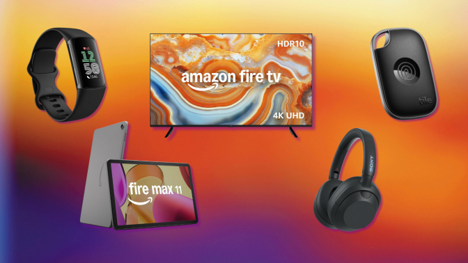 Amazon Fire tablet, Fire TV, Fitbit Charge 6, Sony ULT wear headphones, and Tile Pro with orange and purple background