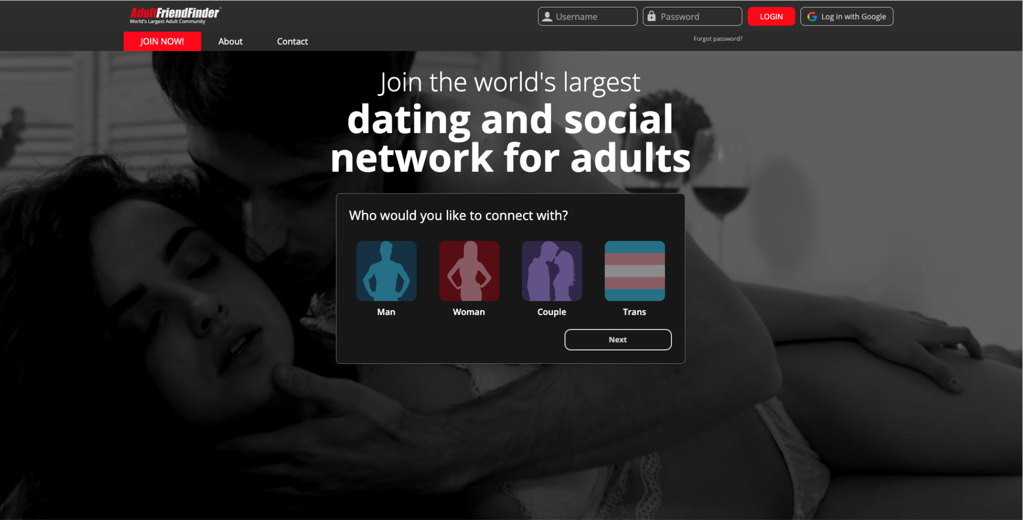 adultfriendfinder homepage with preferences for sexual orientation