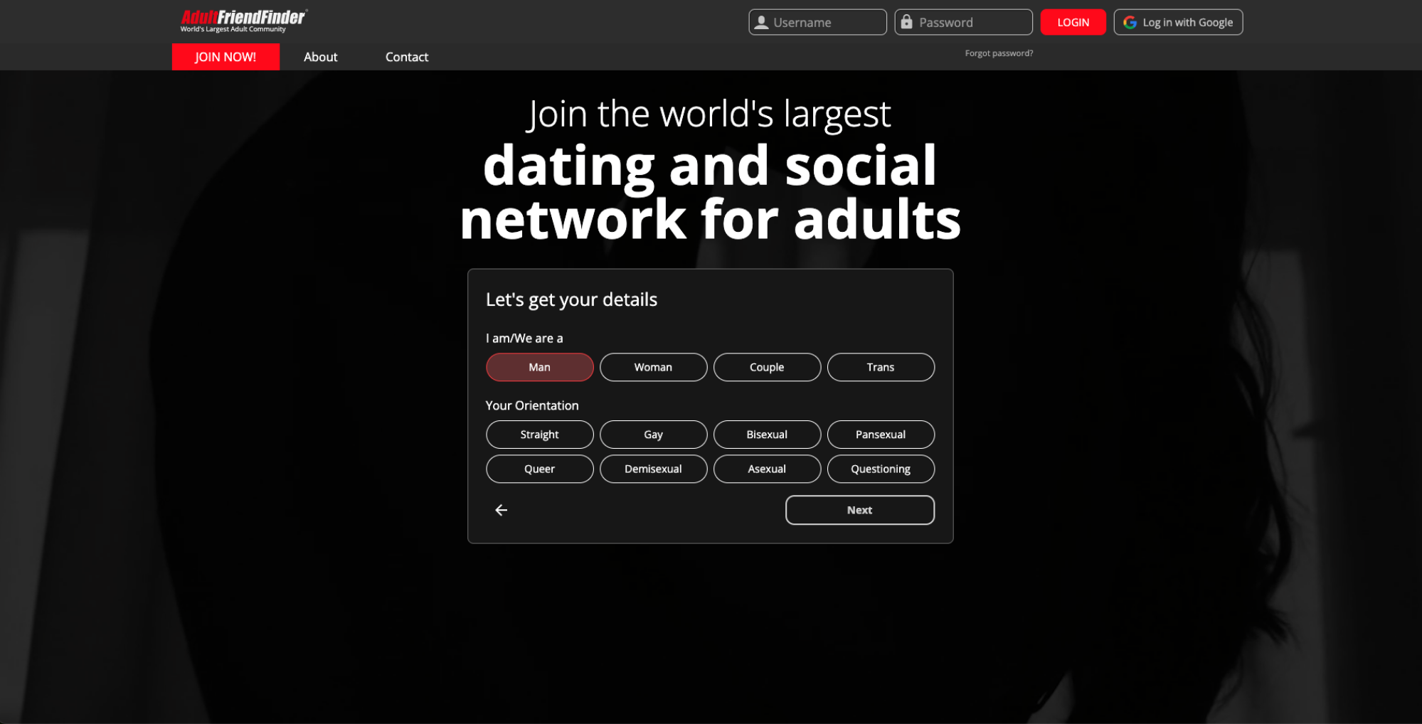 adultfriendfinder homepage with sexual orientation options